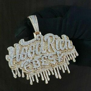Round VVS Diamond HOOD RICH Teardrop Customized Pendant, Customized Letter Diamond Pendant, Full Iced Out Diamond Hip Hop Charm Pendant