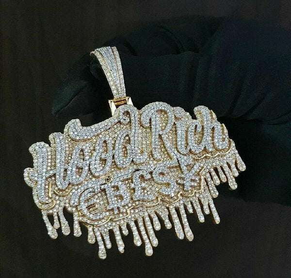 Round VVS Diamond HOOD RICH Teardrop Customized Pendant, Customized Letter Diamond Pendant, Full Iced Out Diamond Hip Hop Charm Pendant