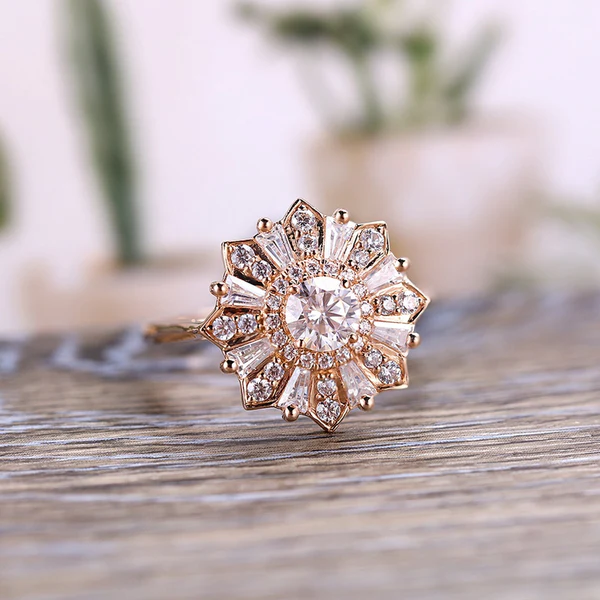 Moissanite Engagement Ring Round cut wedding ring art deco baguette cut ring solid rose gold ring anniversary ring