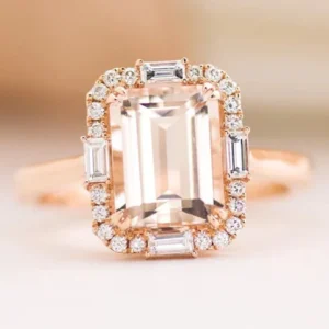 Unique Halo Morganite Engagement Ring Rose Gold Morganite Engagement Ring Emerald Cut Morganite Wedding Ring Morganite Bridal Promise Ring