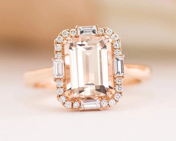 Unique Halo Morganite Engagement Ring Rose Gold Morganite Engagement Ring Emerald Cut Morganite Wedding Ring Morganite Bridal Promise Ring