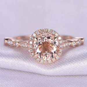 Morganite Engagement Ring 14k Rose Gold 7mm Round Moganite Ring Art Deco diamond Wedding Band Promise Ring Anniversary Ring Bridal Ring