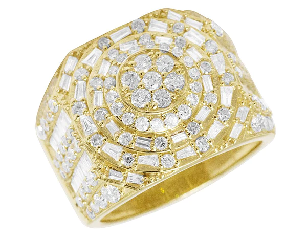 925 Sterling Silver Baguette Moissanite Diamond Men Ring, Fully Iced Gold Plated Men Pinky Ring, Round Moissanite Diamond Hip Hop Ring For Him