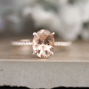 Oval Peach Pink Morganite Engagement Ring, Promise Ring, Half Eternity Diamond Band Ring, Morganite Solitaire Ring, Rose Gold Ring