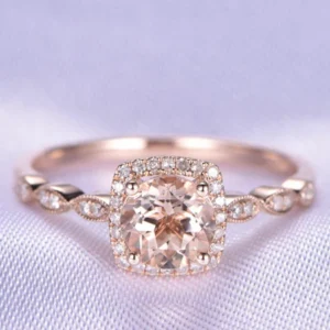 Natural Morganite Engagement Ring 14K Rose Gold 7mm Round Cut Morganite Jewelry Diamond Cushion Art Deco Wedding Band Morganite Birthstone