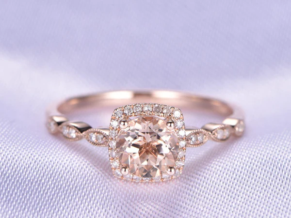 Natural Morganite Engagement Ring 14K Rose Gold 7mm Round Cut Morganite Jewelry Diamond Cushion Art Deco Wedding Band Morganite Birthstone