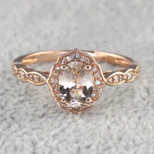 Oval Pink Morganite Diamond Women Ring, Sterling Silver Halo Diamond Wedding Ring For Bridal, Solid Gold Morganite Ring For Anniversary Gift