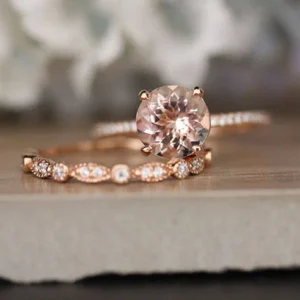 Bridal Ring Set with 8mm Round Morganite and Diamonds in 10k Rose Gold, Morganite Engagement Ring, Milgrain Diamond Half Eternity Band