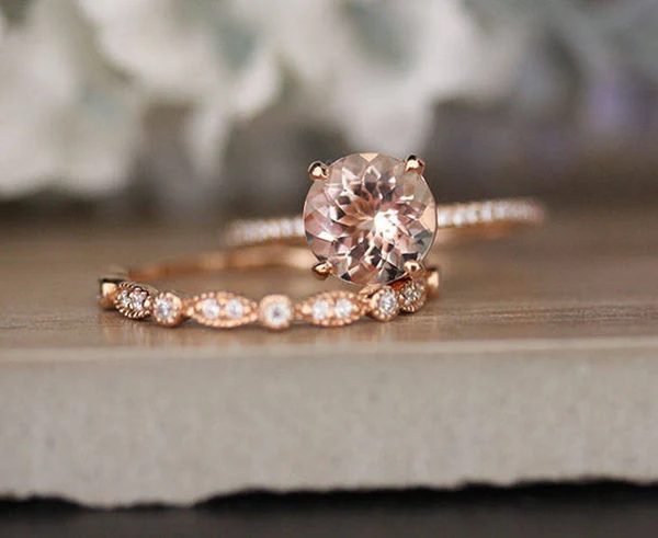 1_4d618b06-ba44-4fe2-811e-c1417a741224_600x600 Bridal Ring Set with 8mm Round Morganite and Diamonds in 10k Rose Gold, Morganite Engagement Ring, Milgrain Diamond Half Eternity Band