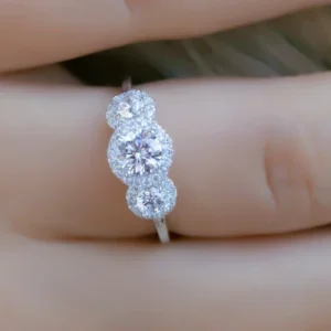 Round 3 Stone Moissanite Halo Diamond Engagement Ring, Sterling Silver Moissanite Diamond Wedding Ring For Bridal, 10K/14K Gold Anniversary Diamond Ring For Gift