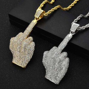 Round White VVS Diamond Middle Fingers Hip Hop Pendant, Sterling Silver Iced Out Birthday Gift Pendant, Charm Diamond Hip Hop Pendant
