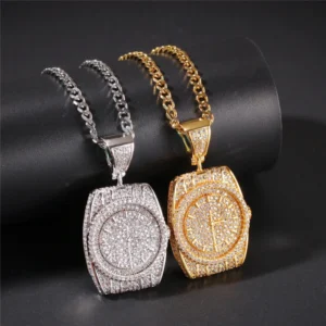 Round White VVS Diamond Watch Dial Hip Hop Pendant, Sterling Silver Iced Out Birthday Gift Pendant, Charm Diamond Hip Hop Pendant
