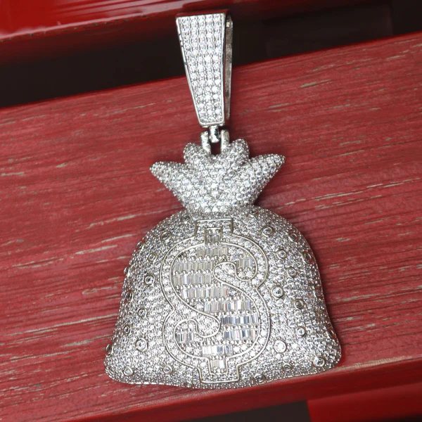 Round & Baguette White VVS Diamond Money Bag Hip Hop Pendant, Sterling Silver Iced Out Birthday Gift Pendant, VVS Diamond Hip Hop Charm Pendant