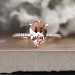 Peach Pink Morganite Engagement Ring, Pear 10x7mm Morganite and Diamond Half Eternity Ring, Rose Gold Morganite ring, Diamond Band
