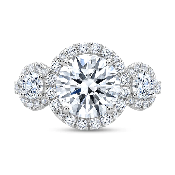 3 Stone Round Moissanite Halo Diamond Engagement Ring, Sterling Silver Moissanite Diamond Wedding Ring For Bridal, 10K/14K Gold Anniversary Diamond Ring For Gift