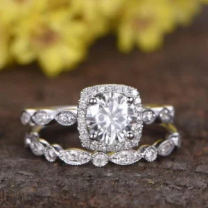 Round Moissanite Diamond ring with matching band, round Moissanite ring and matching band bridal set, round Moissanite ring and band set