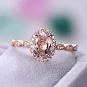 Rose Gold Pink Morganite Engagement Ring Diamond Halo Wedding Art Deco Women Bridal Set Oval Cut Antique Anniversary Gift for Her Promise