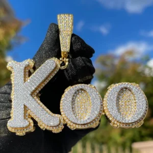 14k Gold Finish KOO Custom Letter Hip Hop Charm VVS Diamond Pendant, Sterling Silver Iced Out VVS Diamond Pendant, Charm Diamond Hip Hop Pendant