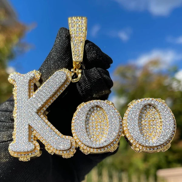 14k Gold Finish KOO Custom Letter Hip Hop Charm VVS Diamond Pendant, Sterling Silver Iced Out VVS Diamond Pendant, Charm Diamond Hip Hop Pendant