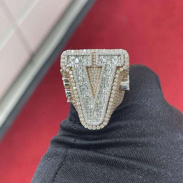 Baguette & Round Moissanite Diamond Customized Diamond Ring, Sterling Silver Champion Men Ring For Birthday Gift, Gold Plated Diamond Ring