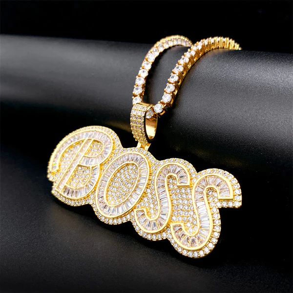 Customized BOSS Letter Round & Baguette VVS Diamond Hip Hop Pendant, Sterling Silver Iced Out Birthday Gift Pendant, Charm VVS Diamond Hip Hop Pendant