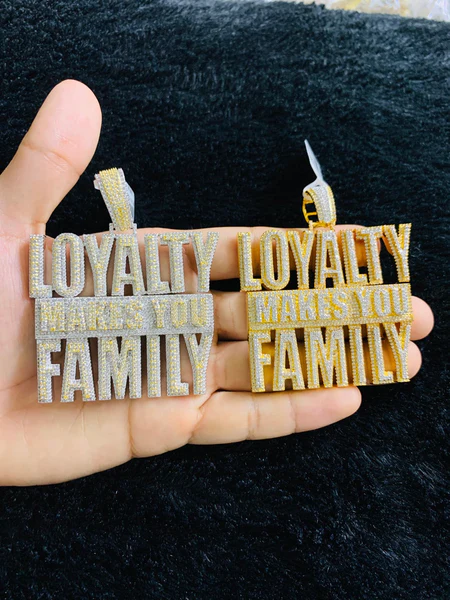 Gold Finish Loyalty Makes You Family Hip Hop Charm Pendant, Sterling Silver Iced Out VVS Diamond Pendant, Charm Diamond Hip Hop Pendant