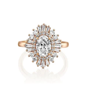 Oval & Baguette Moissanite Halo Diamond Engagement Ring, Sterling Silver Moissanite Diamond Wedding Ring For Bridal, 10K/14K Gold Anniversary Diamond Ring For Gift