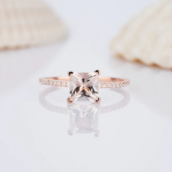Natural Pink Morganite and Diamond Engagement Ring, 2 Carat Rose Gold Princess Cut Wedding Ring, Anniversary Promise Ring Gifts