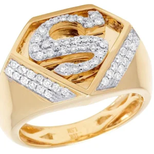 925 Sterling Silver Moissanite Diamond SUPERMAN Men Ring, Fully Iced Gold Plated Men Pinky Ring, Round Moissanite Diamond Hip Hop Ring For Him