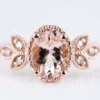 Pink-peach Oval Morganite Ring, Vintage Leaf Design Engagement Ring, white diamond solid rose gold ring