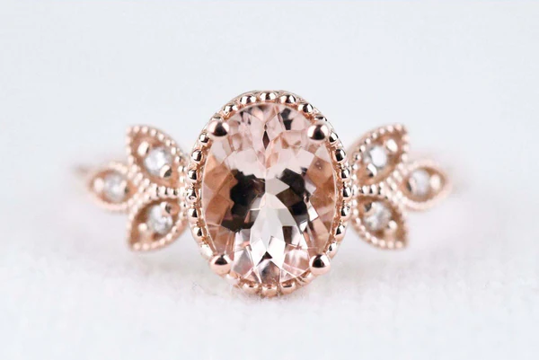 Pink-peach Oval Morganite Ring, Vintage Leaf Design Engagement Ring, white diamond solid rose gold ring