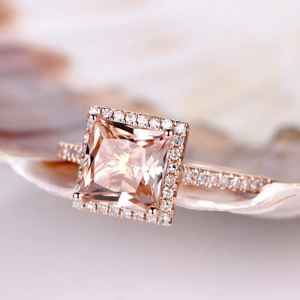 Princess Cut Morganite Engagement Ring Rose Gold Natural Diamond Halo Ring Diamond Band 14K Promise Ring Anniversary Ring