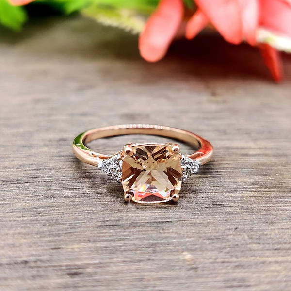 Cushion Cut Morganite Wedding Ring, Gorgeous Solitaire With Accents Engagement Ring, 925 Sterling Silver Ring, Simulated Diamond Ring