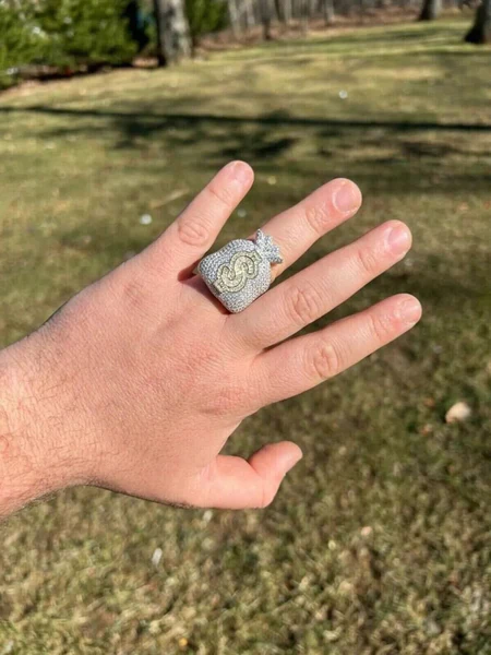 Baguette & Round Moissanite Diamond Customized Diamond Ring, Sterling Silver Money Bag Men Ring For Birthday Gift, Gold Plated Diamond Ring