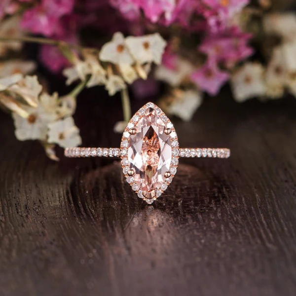 Marquise Morganite Engagement Ring Rose Gold Unique Wedding Ring Antique Natural Diamond Halo Women Anniversary Promise Gift for her Bridal