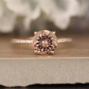 8mm Round Peach Pink Morganite Engagement Ring, Promise Ring, Half Eternity Diamond Band Ring, Morganite Solitaire Ring, 10k Rose Gold Ring
