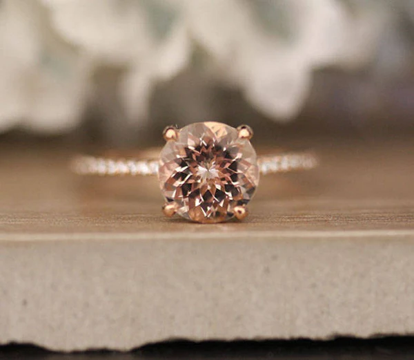 1_e8a364c5-0d62-47bd-9f5b-e04cb2988793_600x600 8mm Round Peach Pink Morganite Engagement Ring, Promise Ring, Half Eternity Diamond Band Ring, Morganite Solitaire Ring, 10k Rose Gold Ring