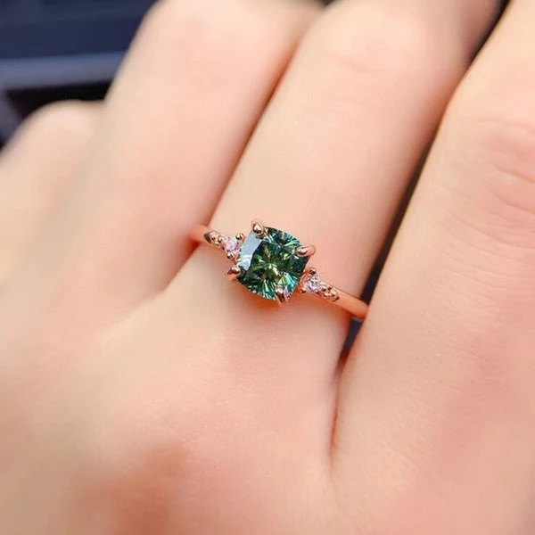 Dainty & Gorgeous Green Cushion Moissanite Ring Leafs band ring 2ct D Color VVS , Sterling Silver Women Ring, Anniversary gift, Women's Ring