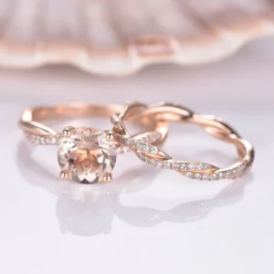 7mm Round Cut Morganite Engagement Ring Set Rose Gold Twist Diamond Wedding Band Full Eternity Natural Morganite Diamond Bridal Set