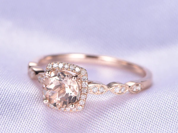 Natural Morganite Engagement Ring 14K Rose Gold 7mm Round Cut Morganite Jewelry Diamond Cushion Art Deco Wedding Band Morganite Birthstone