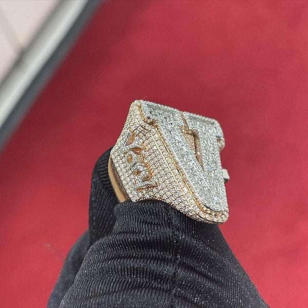 Baguette & Round Moissanite Diamond Customized Diamond Ring, Sterling Silver Champion Men Ring For Birthday Gift, Gold Plated Diamond Ring