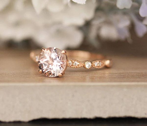 2_12ea33d7-9968-4adf-b100-34bd07d4e96e_600x600 Round Pink Morganite Engagement Ring, Diamond Milgrain Band, 10k Rose Gold Morganite Ring, Bridal Ring, Promise Ring, Wedding Ring