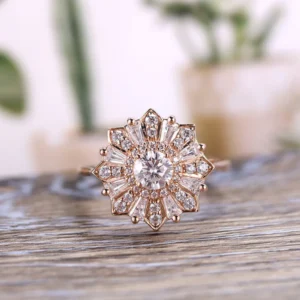 Moissanite Engagement Ring Round cut wedding ring art deco baguette cut ring solid rose gold ring anniversary ring