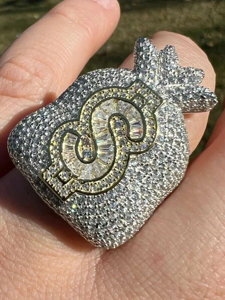 Baguette & Round Moissanite Diamond Customized Diamond Ring, Sterling Silver Money Bag Men Ring For Birthday Gift, Gold Plated Diamond Ring