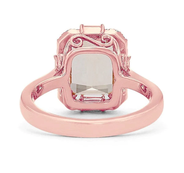 Unique Halo Morganite Engagement Ring Rose Gold Morganite Engagement Ring Emerald Cut Morganite Wedding Ring Morganite Bridal Promise Ring