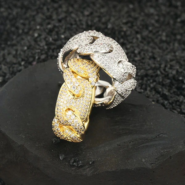 925 Sterling Silver Round Moissanite Diamond Cuban Men Ring, Fully Iced Gold Plated Men Pinky Ring, Round Moissanite Diamond Hip Hop Ring For Him