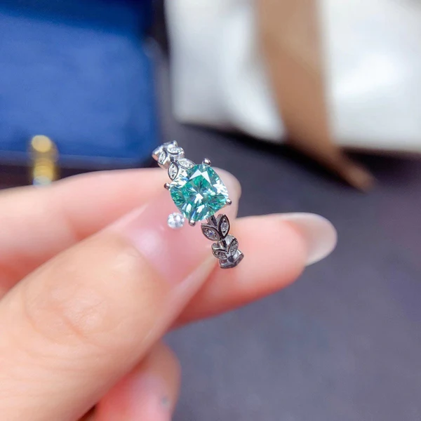 Dainty & Gorgeous Green Cushion Moissanite Ring Leafs band ring 1ct D Color VVS Women Ring For Wedding, Sterling Silver Anniversary gift, Women's Ring