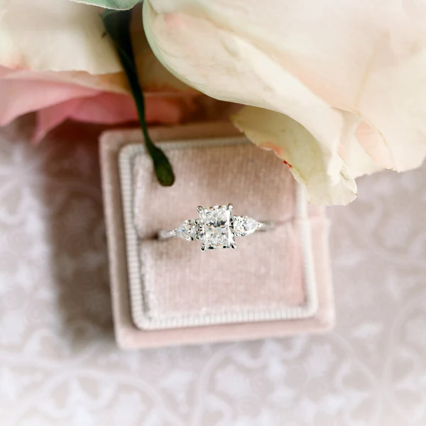 Radiant Three Stone Moissanite Engagement Ring 3 Carat Radiant Promise Ring 14K White Gold Moissanite Ring