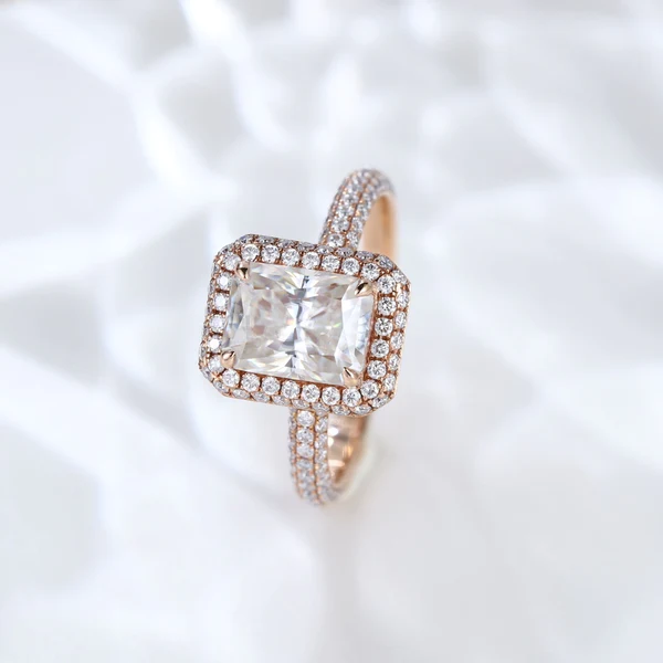 Emerald Cut Moissanite Halo Diamond Engagement Ring, Sterling Silver Moissanite Diamond Wedding Ring For Bridal, 10K/14K Gold Anniversary Diamond Ring For Gift