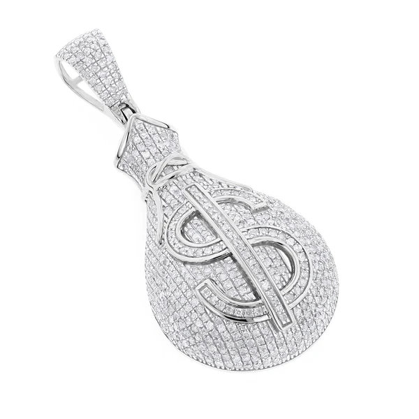 Round VVS Diamond MONEY BAG Hip Hop Pendant, Sterling Silver Iced Out Birthday Gift Pendant, Charm Diamond Hip Hop Pendant